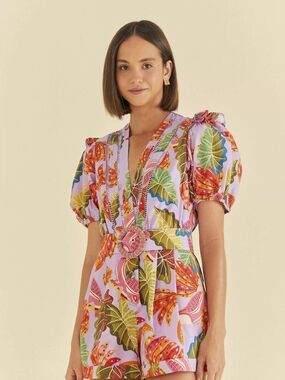FARM Rio Lavender Floral Puff-Sleeve Romper Beaks & Botanical